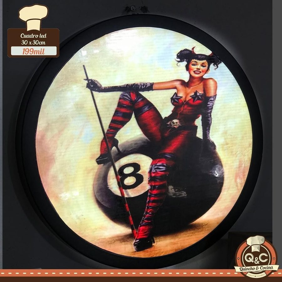 Neón Chica pin-up sobre bola 8 de pool