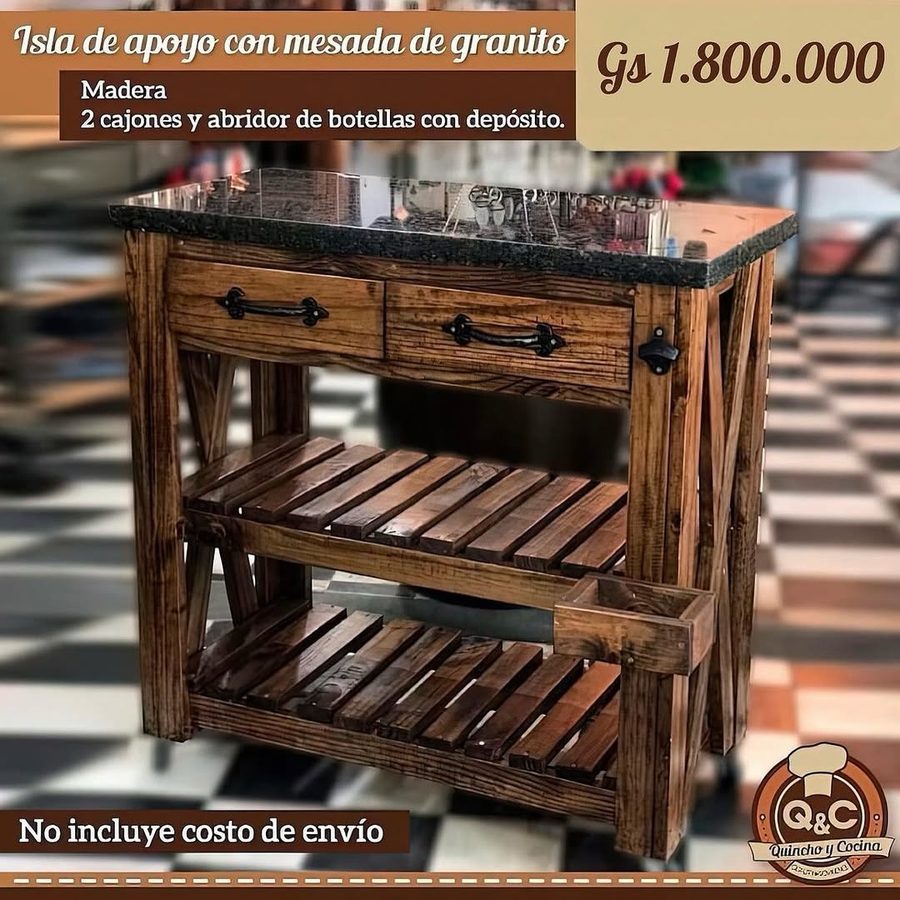 Mueble de apoyo de madera con mesada de granito