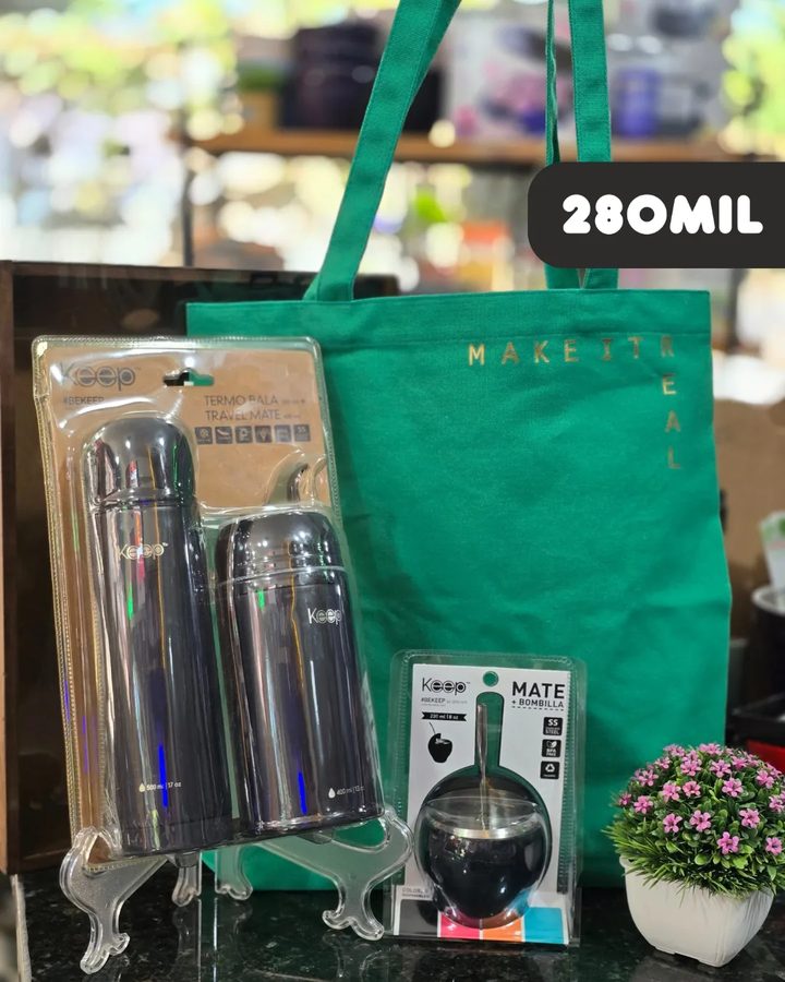 Set termo y mate Keep gris con bolsa verde