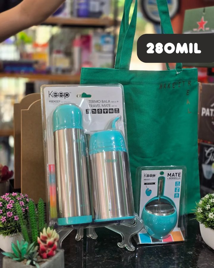 Set termo y mate Keep turquesa con bolsa verde