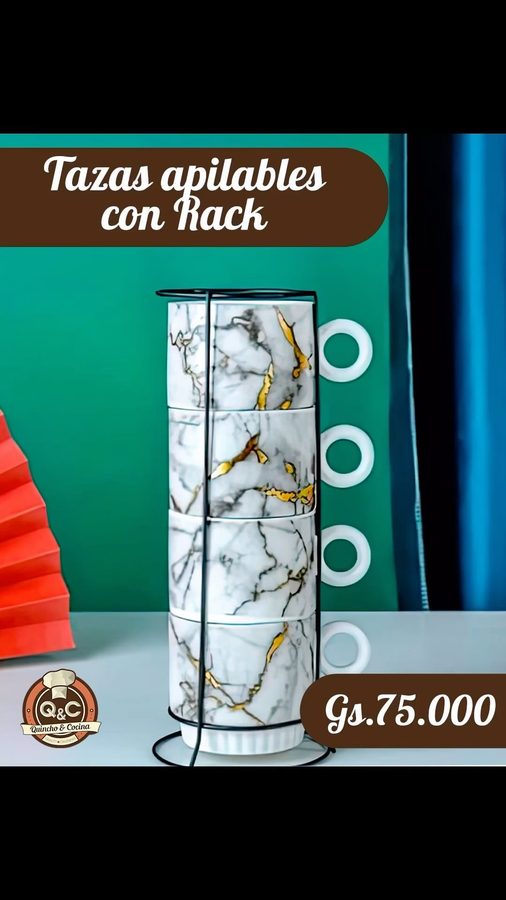 Set de 4 tazas apilables marmoladas con rack