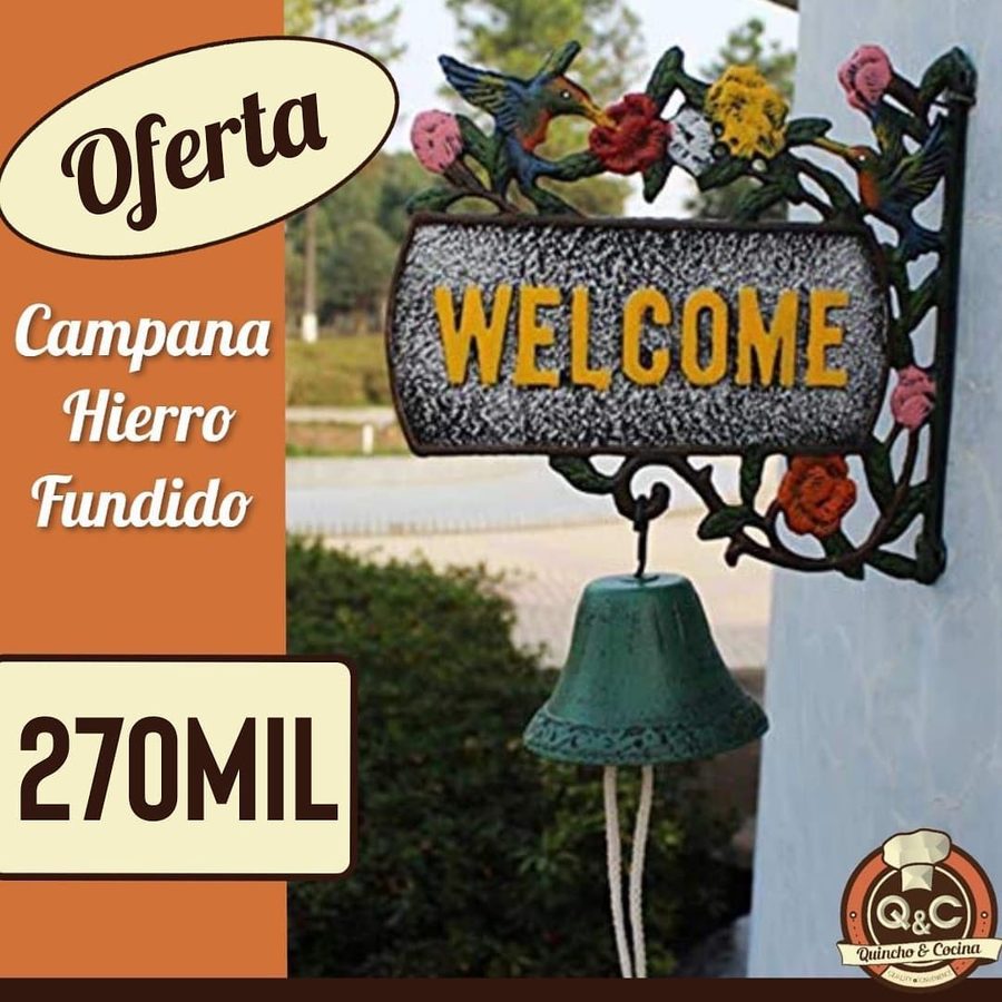 Campana de hierro fundido Welcome con flores y pájaro – foto 2