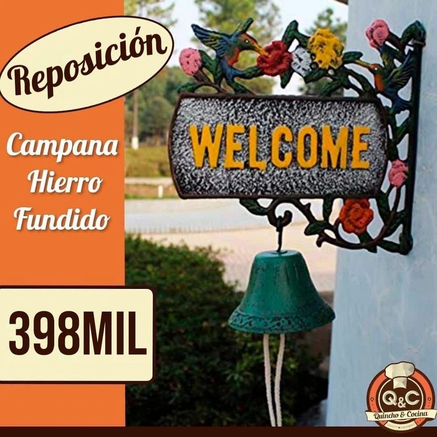 Campana de hierro fundido Welcome con flores y pájaro