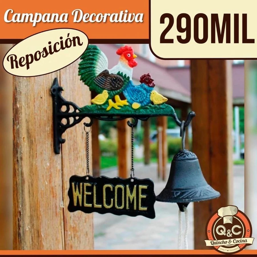 Campana de hierro fundido Welcome con gallo