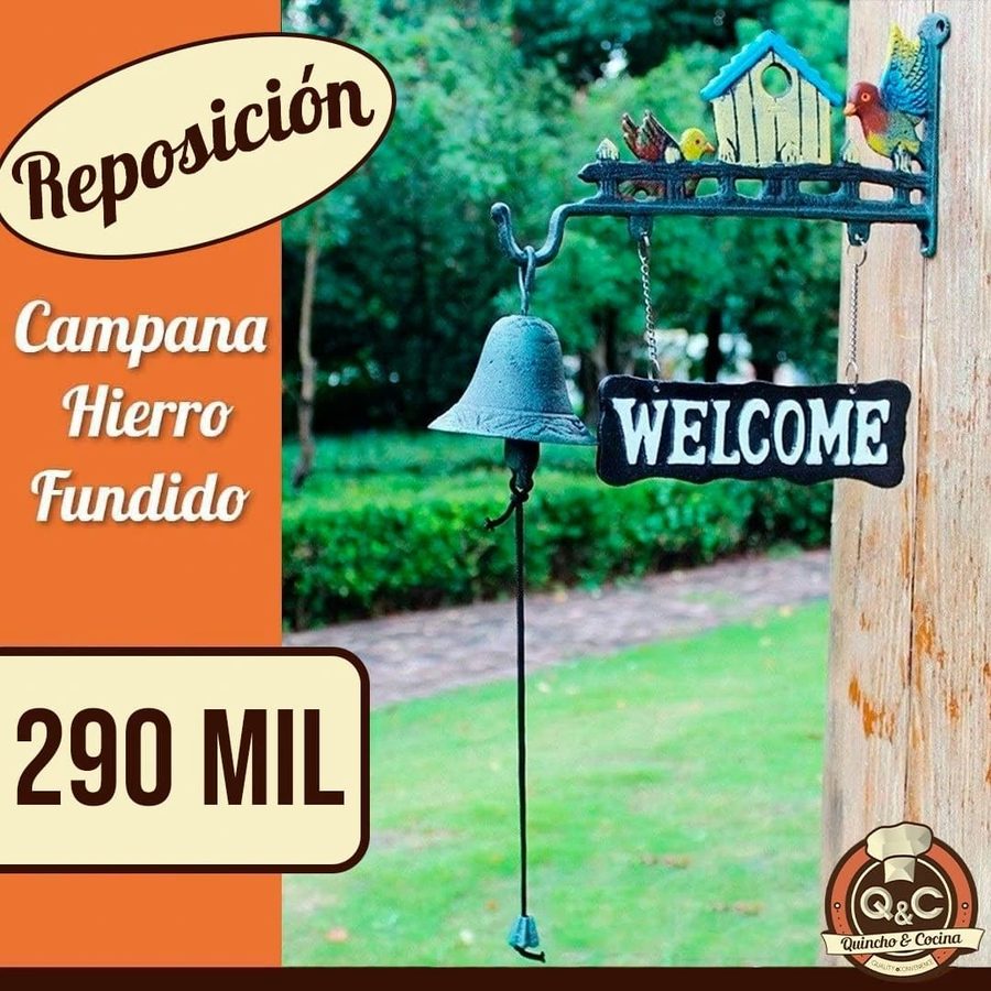 Campana de hierro fundido Welcome con casita de pájaros