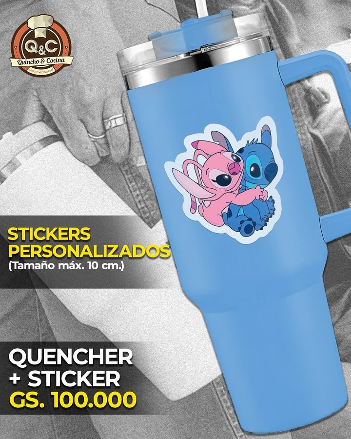 Quencher celeste con sticker Stitch y Angel