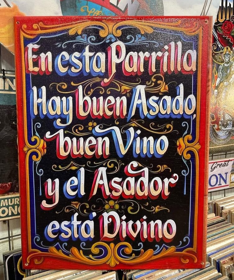 Cuadro En esta parrilla hay buen asado buen vino fileteado – foto 2