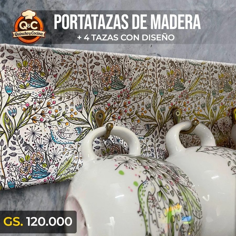 Portatazas de madera con 4 tazas floreadas – foto 2