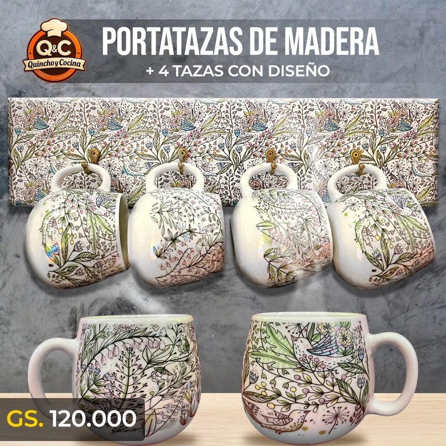 Portatazas de madera con 4 tazas floreadas