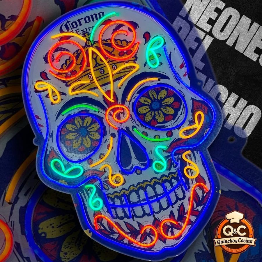 Neón Calavera mexicana Corona azul