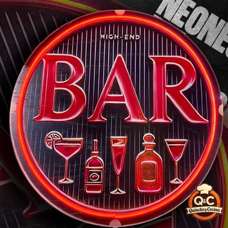 Neón Bar con copas y botellas