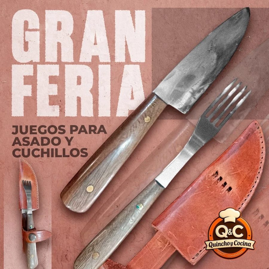 Juego de asado cuchillo y tenedor mango de madera con vaina