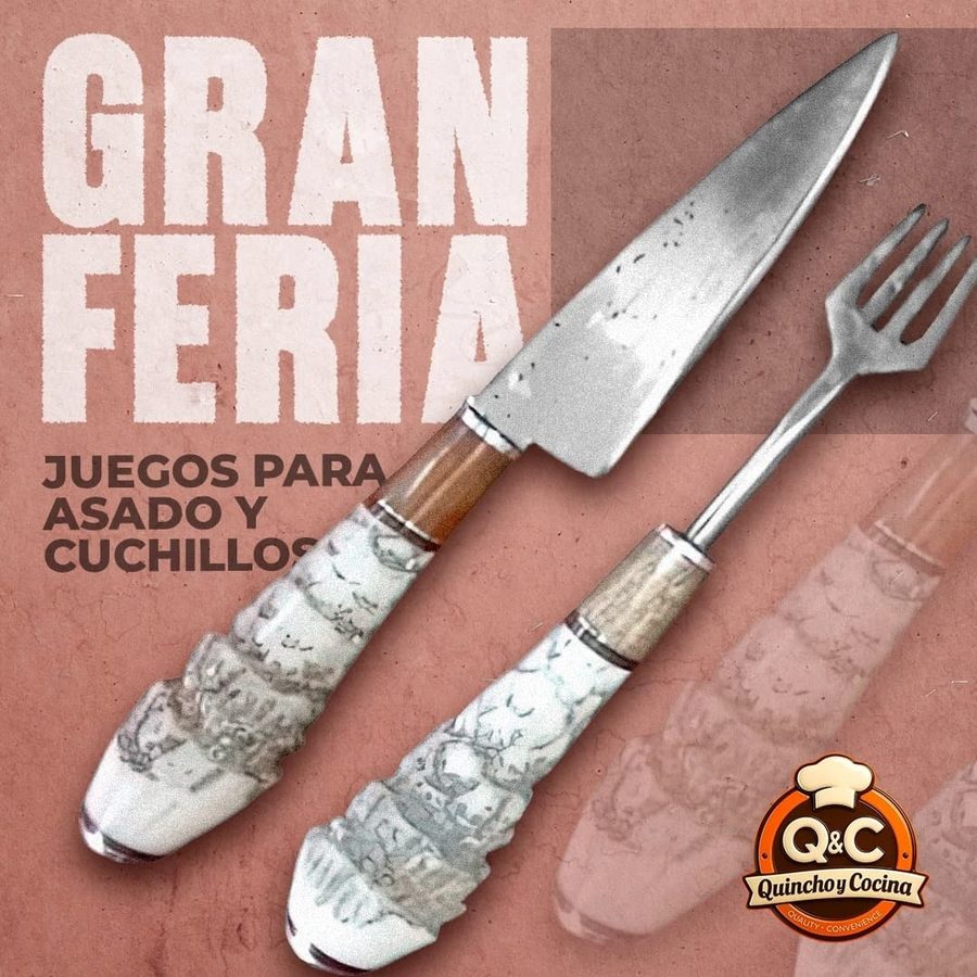 Juego de asado cuchillo y tenedor mango de alpaca labrada