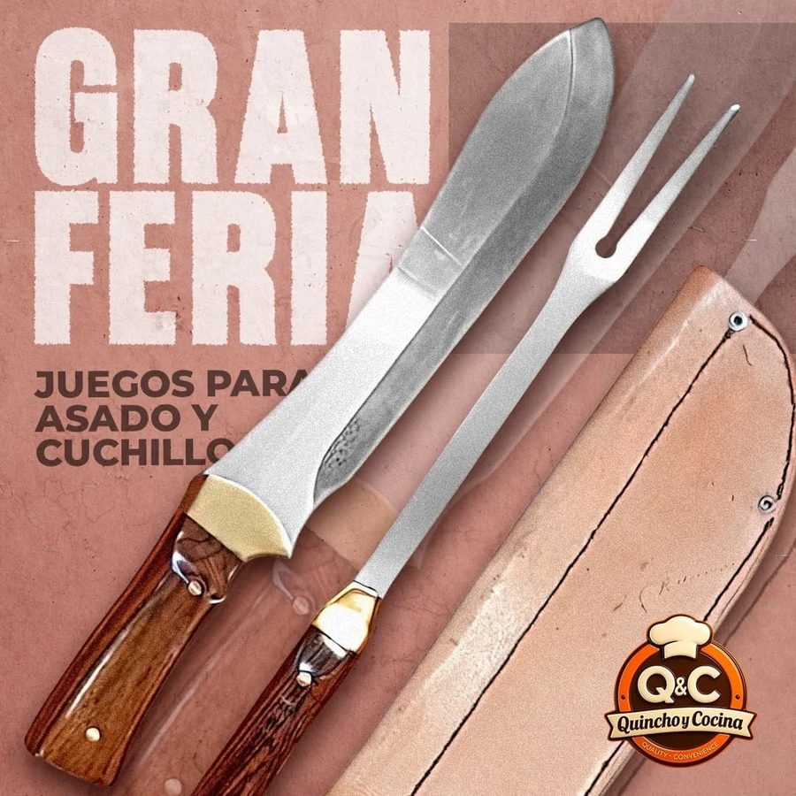 Juego de asado cuchillo y trinche con vaina de cuero