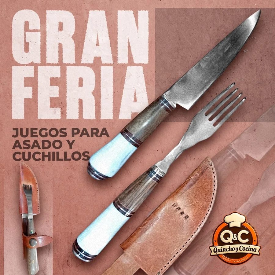 Juego de asado cuchillo y tenedor mango blanco