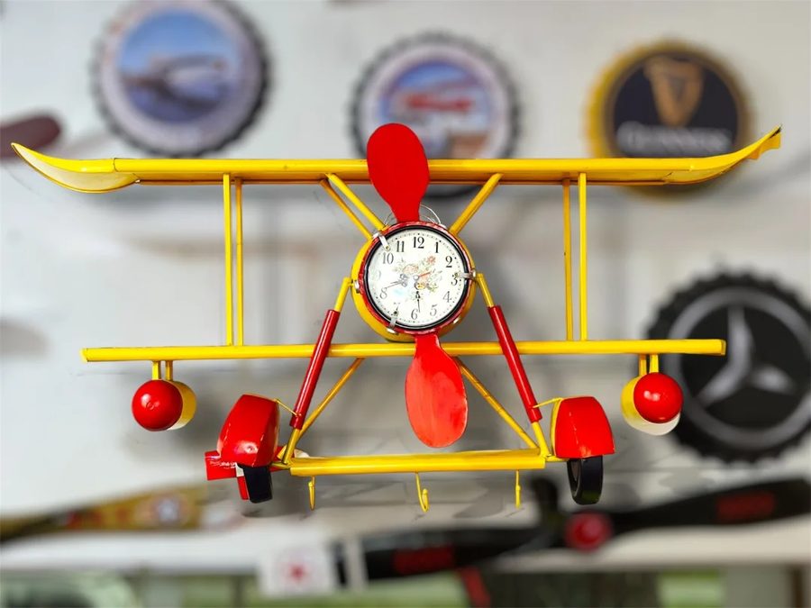 Reloj avión de pared – biplano amarillo con hélice roja