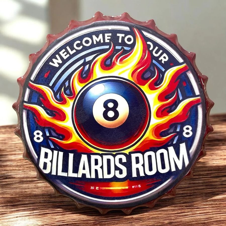 Tapa decorativa Welcome to our Billards Room (bola 8 con llamas)