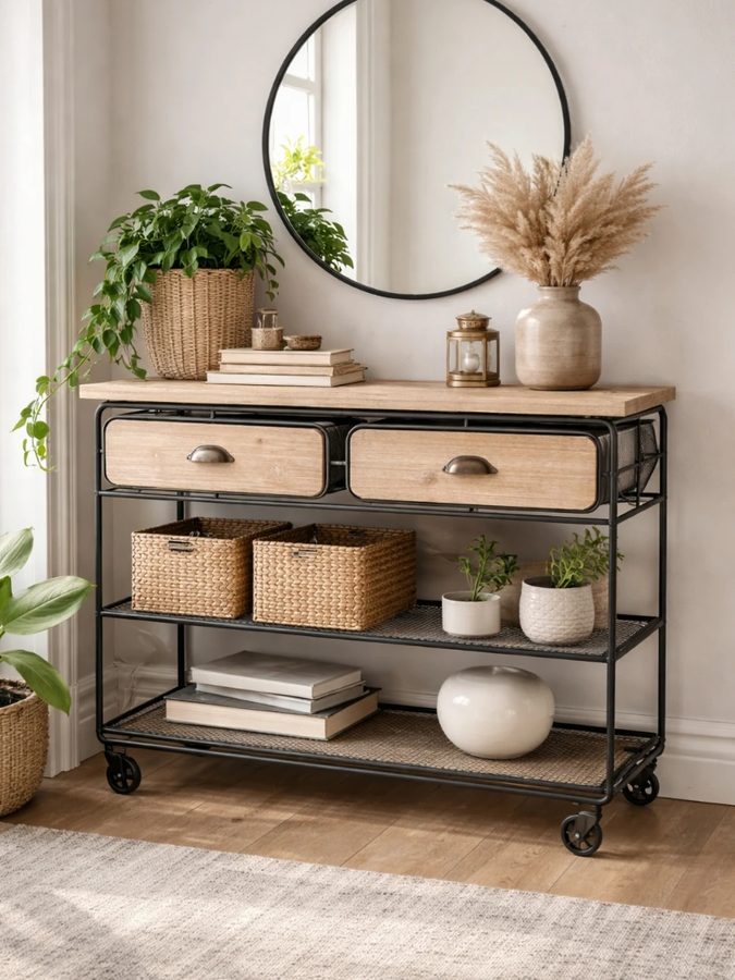 Mueble estilo industrial – consola con dos cajones y ruedas