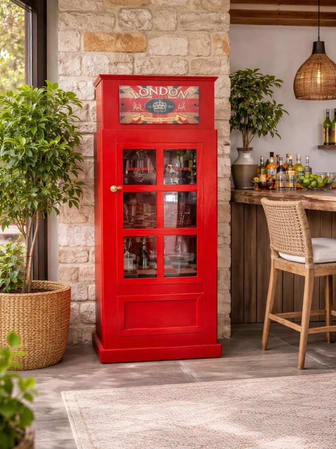 Mueble estilo London – cabina telefónica roja con puerta vidriada