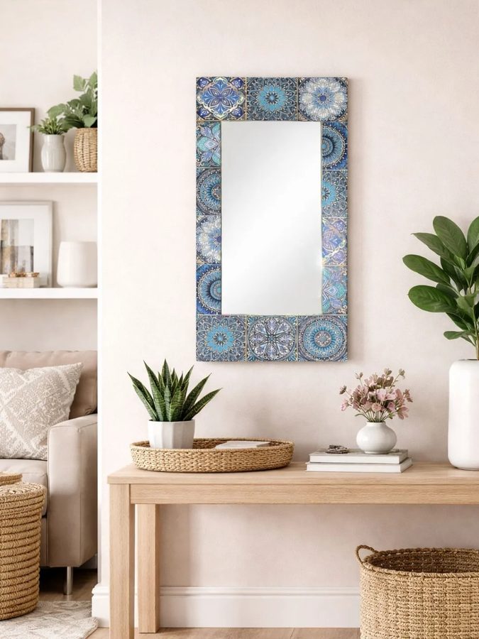 Espejo rectangular – marco de mosaico azul estilo azulejo