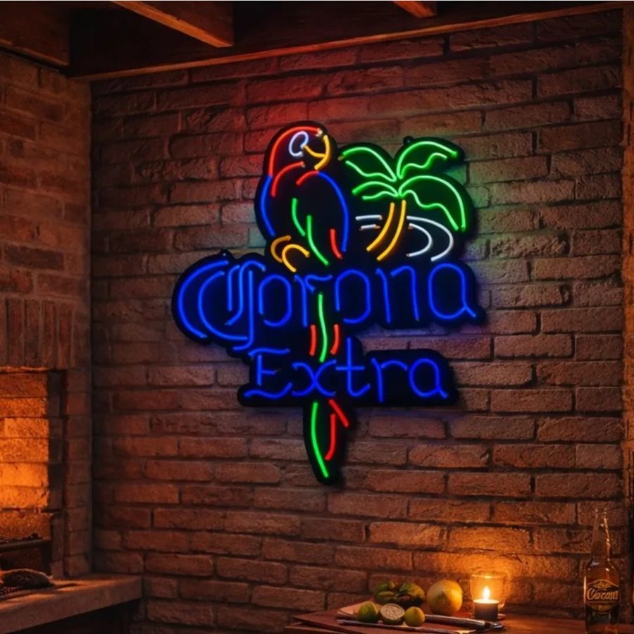 Neón Corona Extra – Loro y palmera