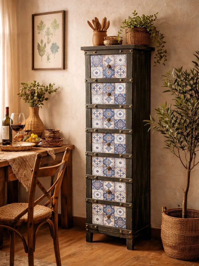 Mueble vintage – cajonera alta con frentes de azulejos