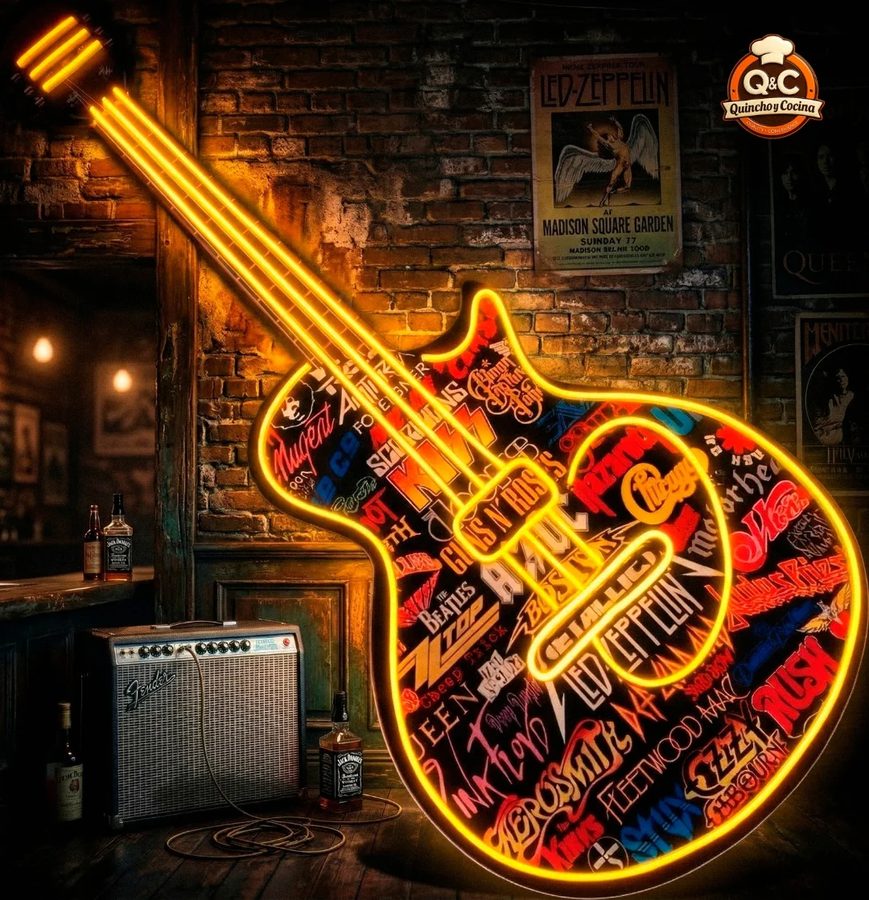 Neón Guitarra con logos de bandas de rock