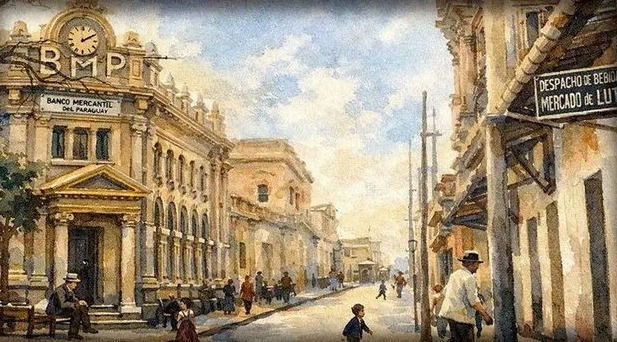 Cuadro decorativo Banco Mercantil del Paraguay · Calle antigua, colección PATRIA de Quincho y Cocina