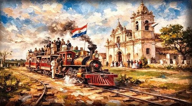 Cuadro decorativo Tren a vapor frente a la iglesia, colección PATRIA de Quincho y Cocina