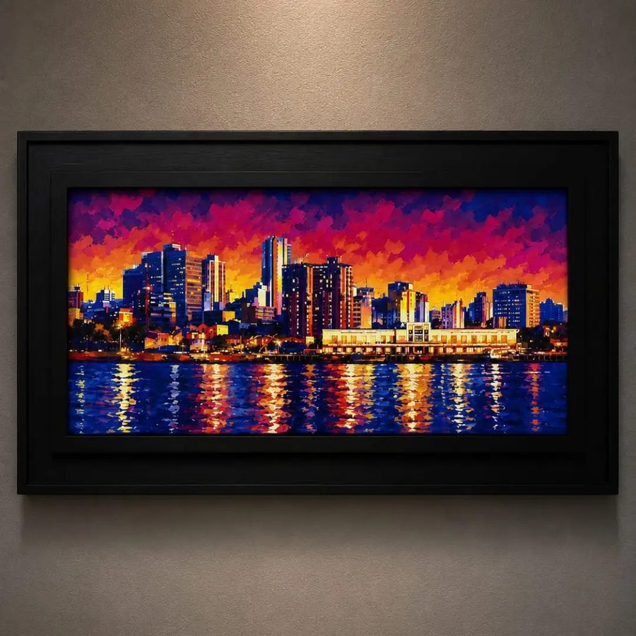 Cuadro Bahía de Asunción – skyline nocturno reflejado en el agua