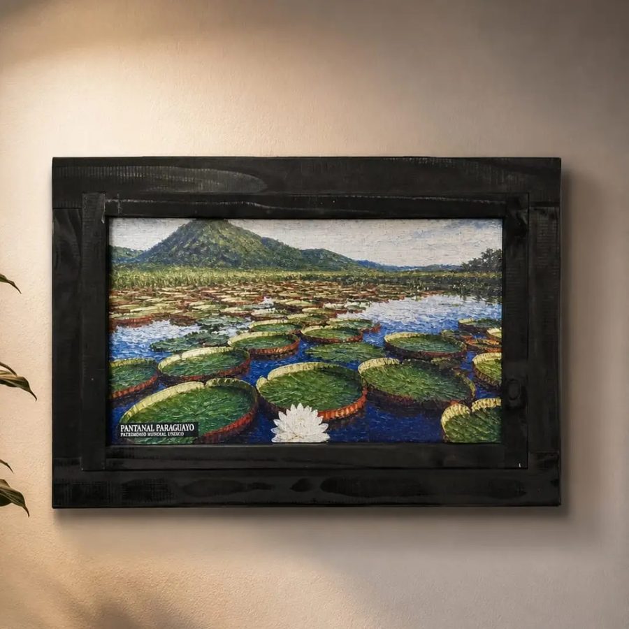 Cuadro Pantanal paraguayo – camalotes con cerro y marco negro
