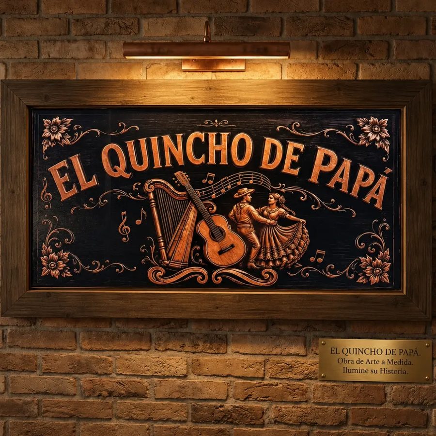 Cuadro El Quincho de Papá – arpa, guitarra y pareja de danza