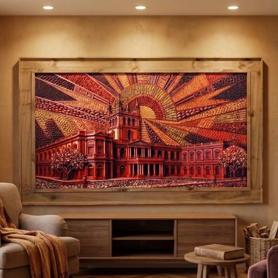 Cuadro grande de palacio histórico – estilo mosaico en rojos y ocres