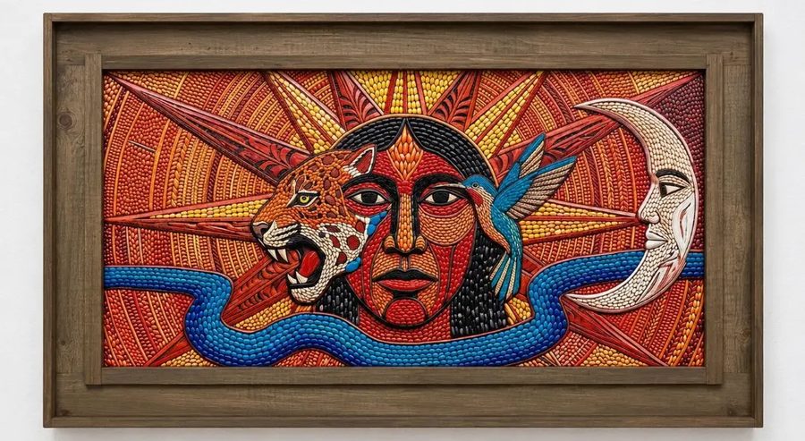 Cuadro Sol, luna y jaguar (arte étnico)