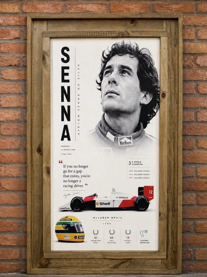 Cuadro Ayrton Senna – afiche con su McLaren y marco de madera