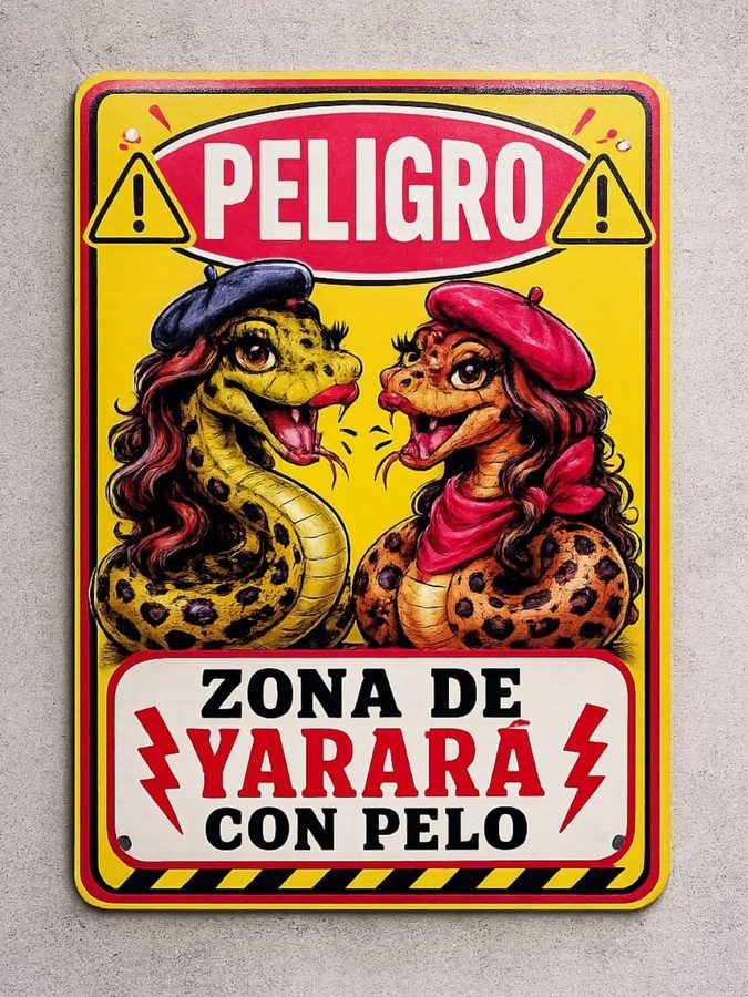 Chapa humorística – Peligro: Zona de yarará con pelo