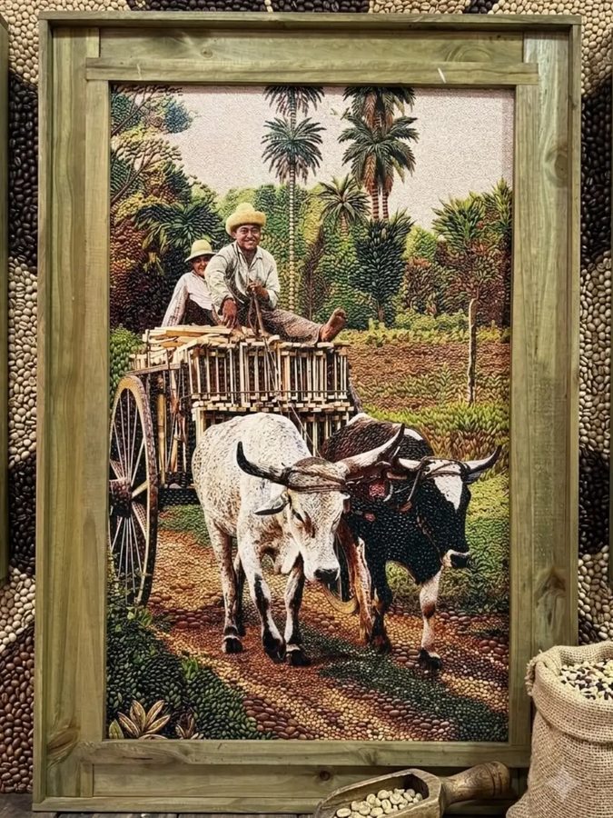 Cuadro de carreta con bueyes – escena rural con marco de madera
