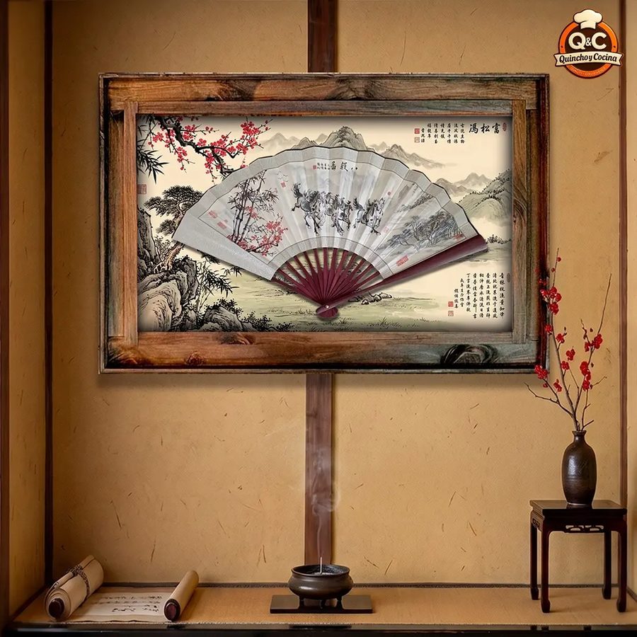 Cuadro Abanico oriental con paisaje (abanico integrado)