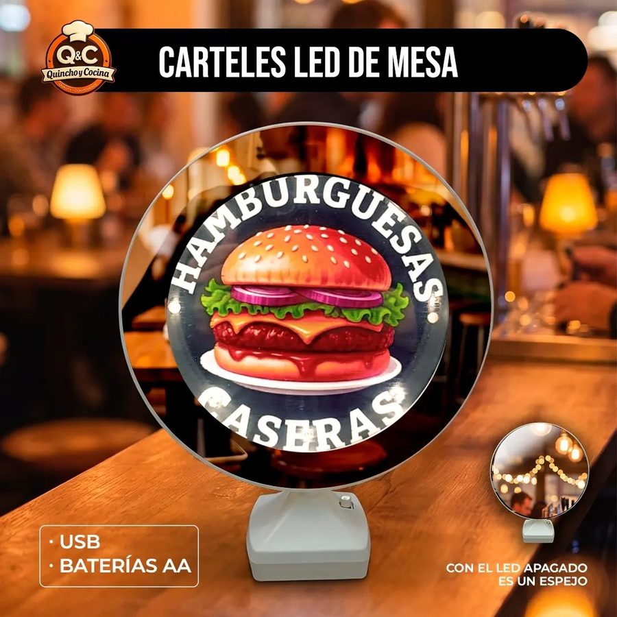 Cartel LED de mesa – Hamburguesas caseras