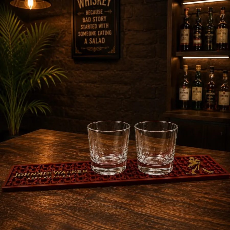 Bar mat Johnnie Walker rojo – con vasos cortos para whisky