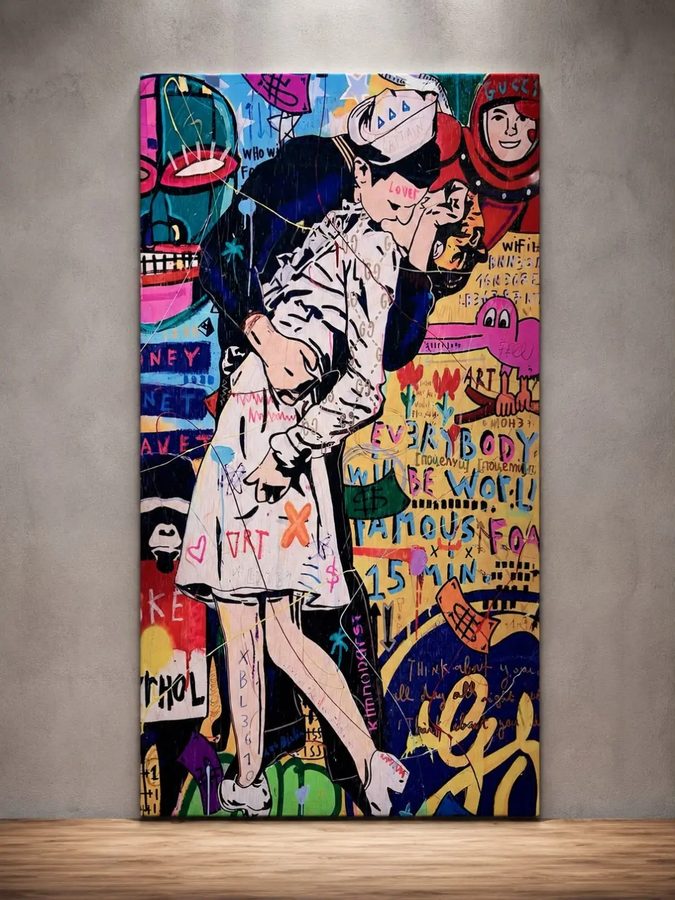 Cuadro de arte urbano – beso de marinero y enfermera estilo graffiti