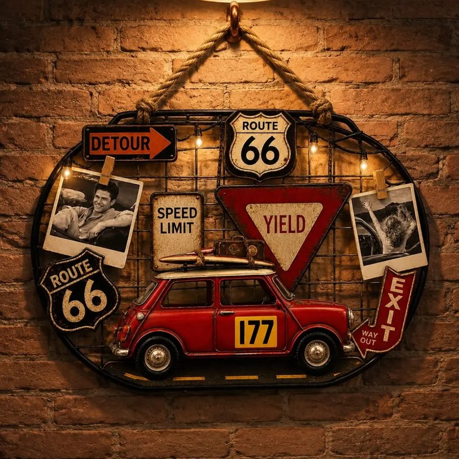 Panel decorativo de pared Route 66 – auto rojo, señales y luces