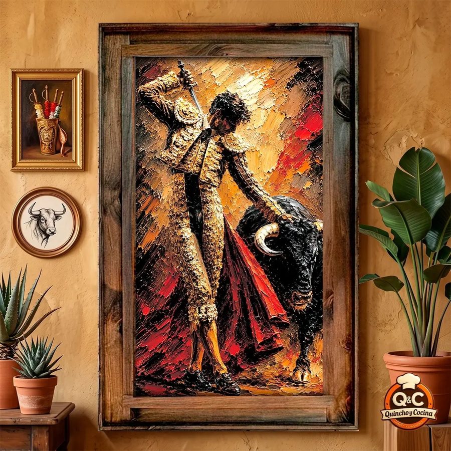 Cuadro de torero con toro – marco de madera rústica