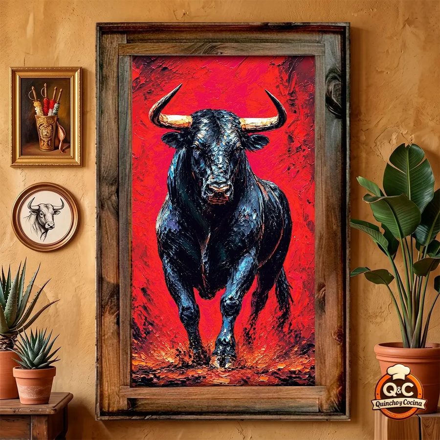 Cuadro de toro negro – fondo rojo con marco de madera
