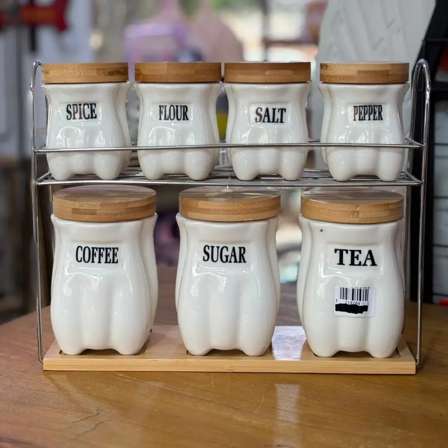 Set de 7 potes de cerámica – con estante metálico