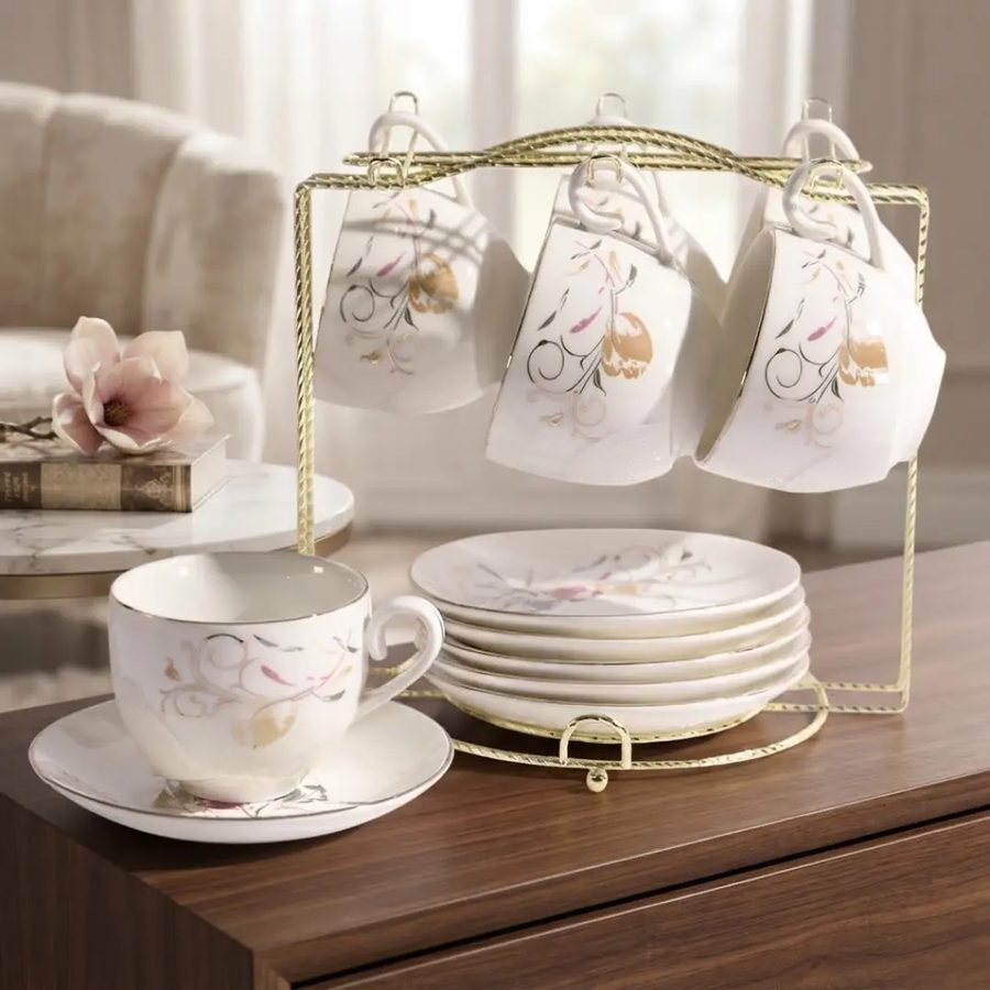 Set de 6 tazas y platillos con soporte para café y té
