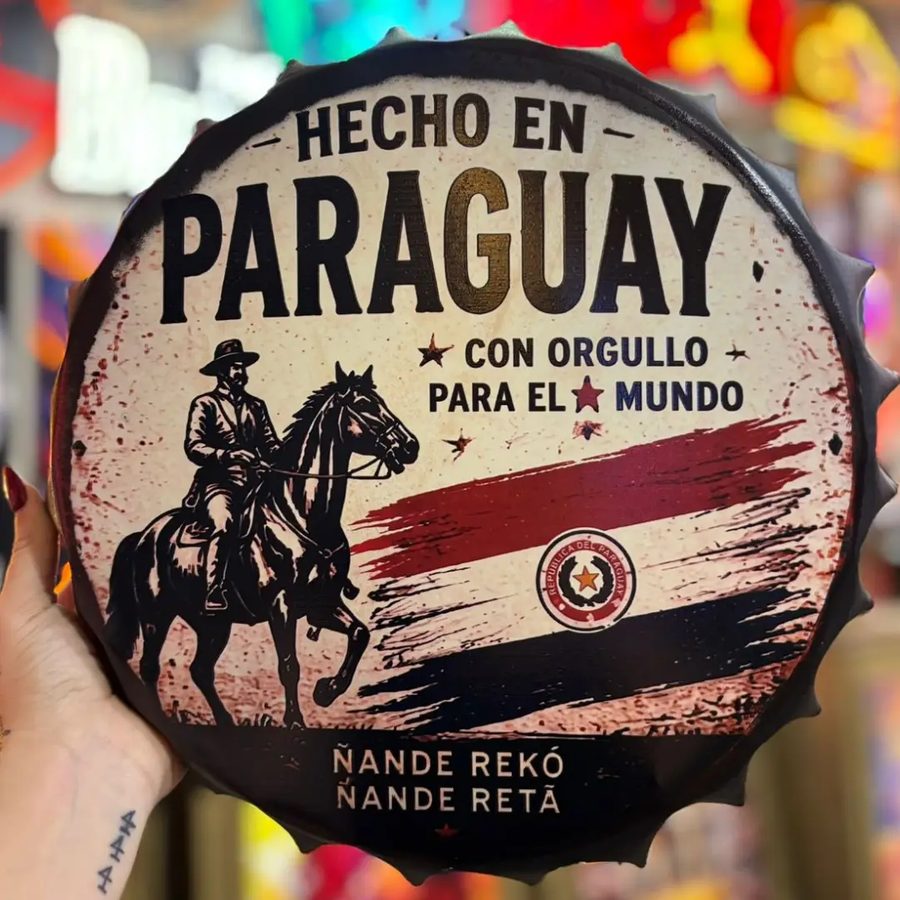 Tapa decorativa Hecho en Paraguay (jinete y bandera)