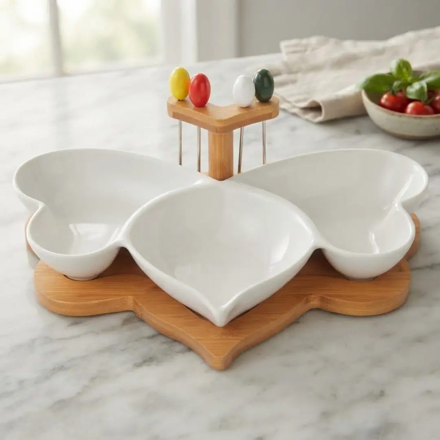 Set de bandeja para picadas de porcelana con base de bambú