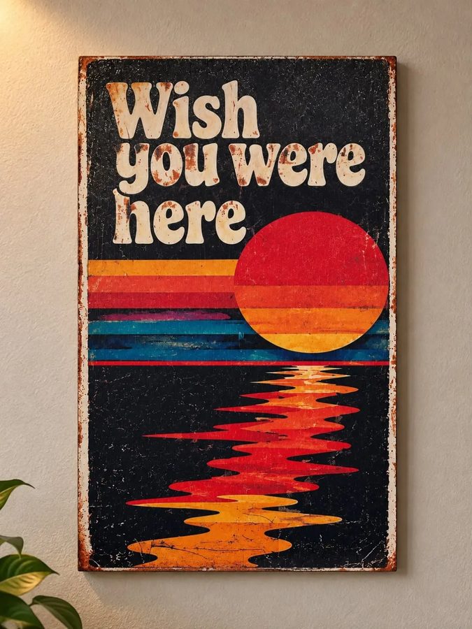 Chapa decorativa Wish You Were Here – atardecer retro